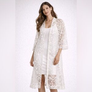 Elegant Sheer White Floral Embroidered Lace Kimono Robe (S/M)